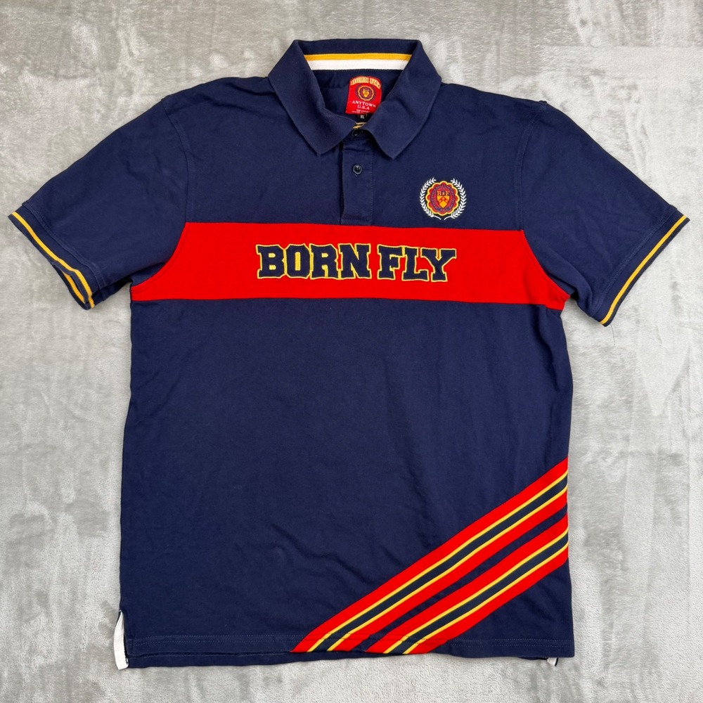 Born Fly Mens XL Polo Shirt Navy Blue Red Striped Graphic Short Sleeve Cotton
